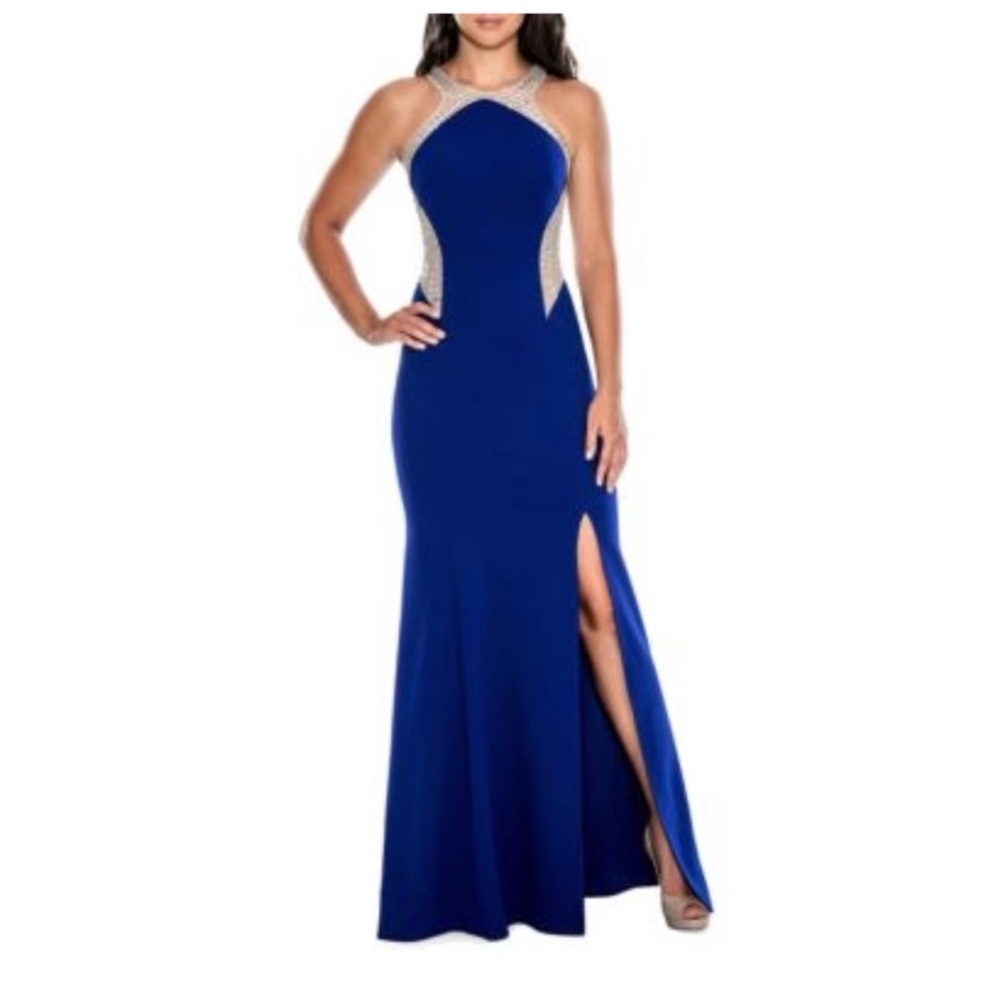 DECODE 1.8 Embellished Illusion Gown in Royal Blue